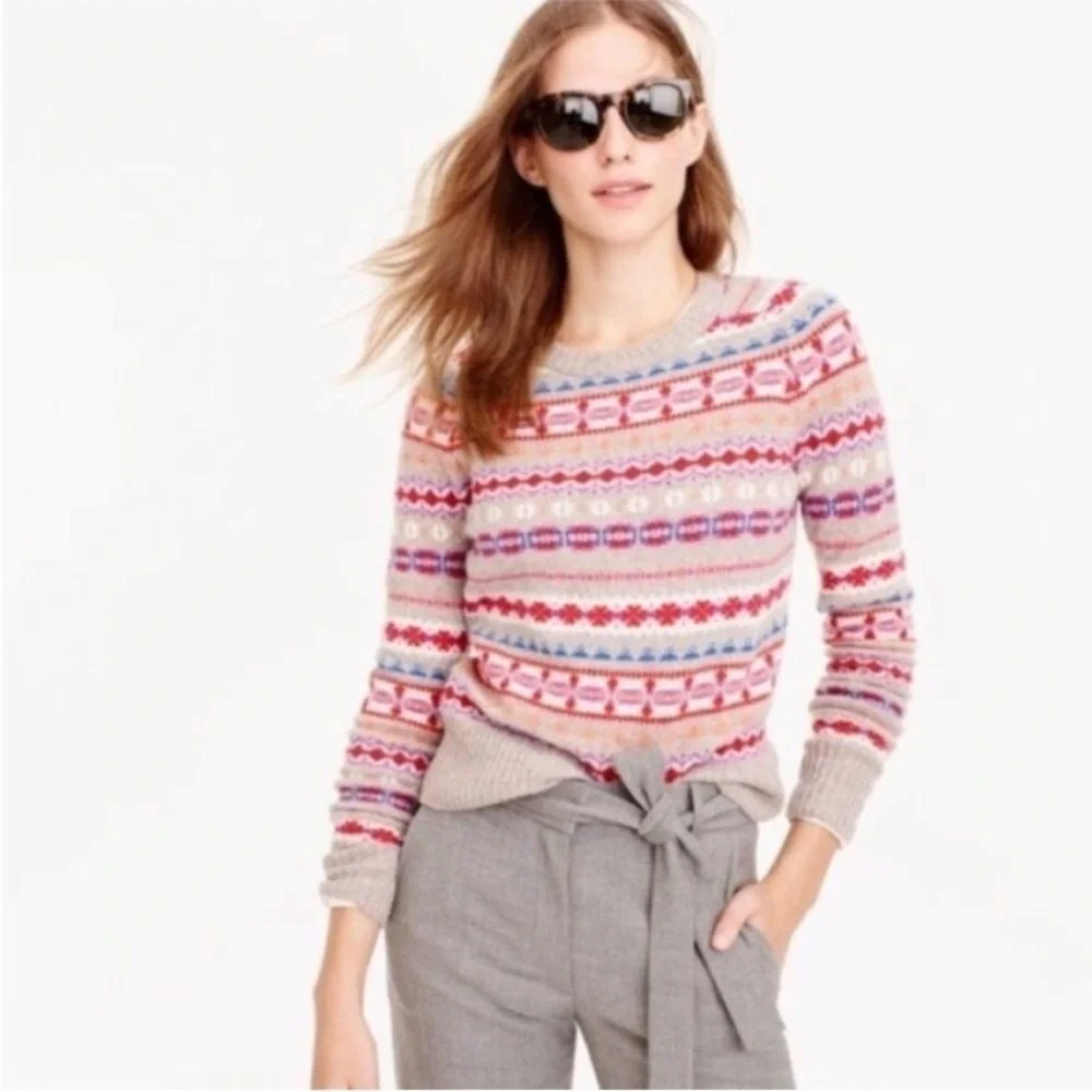 J Crew Womens Holly Fair Isle Wool Sweater Crewneck Grey Red White Sz S
